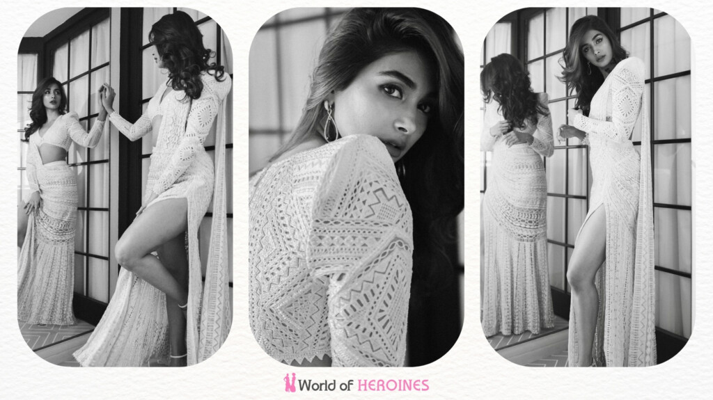 Pooja Hegde in white-coloured retro modern saree